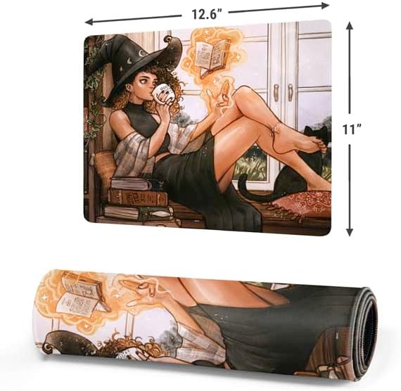 Skinit Cozy Autumn Library Witch with Cat and Coffee by Ivy Dolamore Design, 12.6" x 11" Small Gaming Mouse Pad, Desk Pad with Stitched Edges for Office and Home.