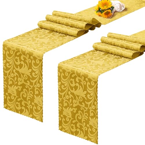 Rudong M TD0614RM 2 Pack Gold Satin Table Runners 12 X 108 Inch, Long Silky Damask Table Runner Decor, Bright Smooth Jacquard Dining Table Runners cover