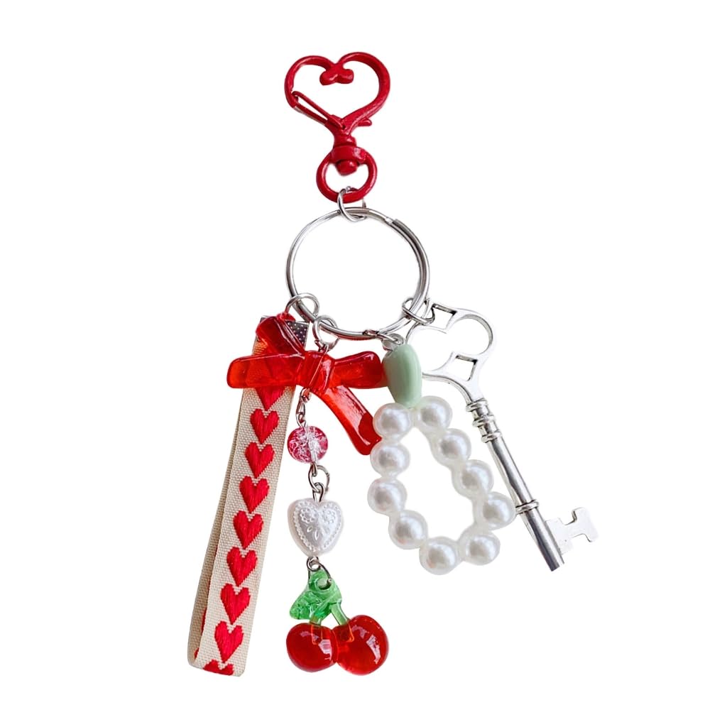 Tianquxngi Girls Red Bow Cherry Key Handmade Ribbon And Faux Pearls Key Rings With Cherries Bowknot Colorful Beaded Keychain Pendant Stylish For