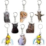 QIYUDA 8 Pcs Funny Cat Keychain, Badge Reels Cute Cat Meme Keychains