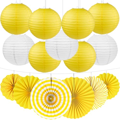 Peywot 15Pcs Yellow Party Decorations Supplies Set, Hanging Yellow Paper Lanterns Paper Fans for Home Decor Birthday Wedding Graduation Picnic BBQ Baby Shower Pizza Party (Yellow and White)
