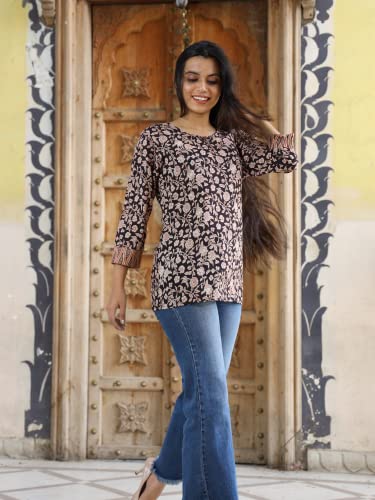 Image of Women's Floral Jaipuri Print Cotton Short Kurti - Sizes M, L, XL
