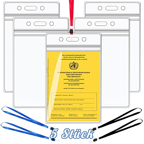 5 Stücke Impfpass Hülle, Transparent Schutzhüllen Impfausweis Neuer Impfpasshülle Wasserdicht Klarsichthülle Mit 5 Lanyard, Kinder und Erwachsene Impfpass Etui für die Impfbescheinigung Cover