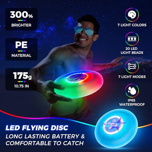FIREMOON Leuchtende Frisbee Scheibe, LED Frisbee, 7 Dynamische Modi, 7 Farben, 16 Millionen Farben RGB, Hell, Aufladbare, Kindergeburtstag Frisbee Geschenk, Spielzeug ab 6 7 8 9 10 Jahre Jungen 175G