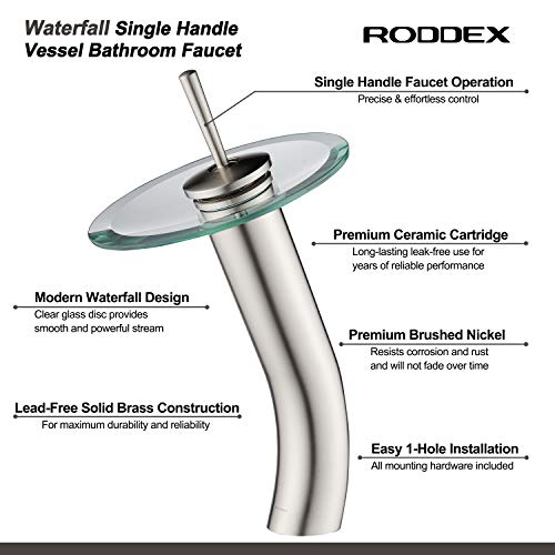 Roddex Waterfall Bathroom Faucet Glass Single Handle Solid Brass Basin Lavatory Vessel Sink Vanity Faucet,Tall,Brushed Nickel #TOP3