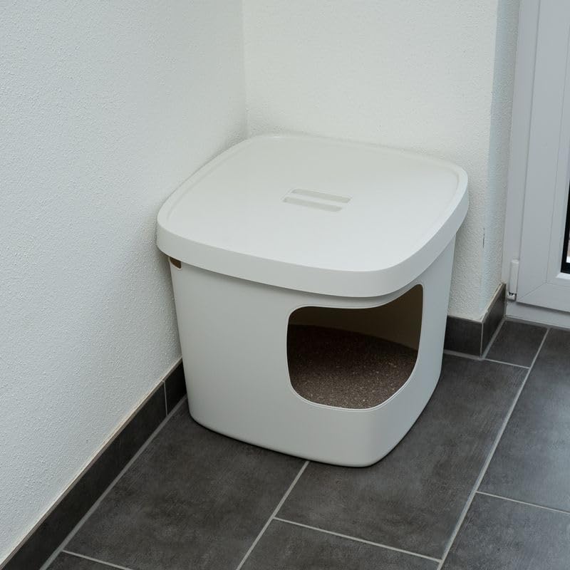 Haubentoilette Devon | Quadratische Katzentoilette | Abnehmbarer Deckel | ideal in Ecken | Maße: L 49,5 x B 49,5 x H 43 cm