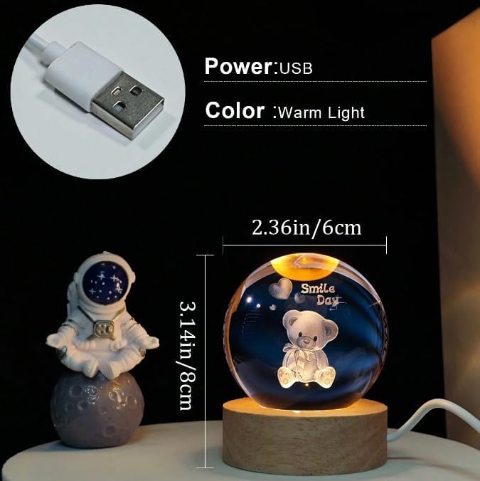 Image of Wishpitara 3D Teddy Crystal Ball LED Night Lamp, Cute Bear Engraved Night Light with Wooden Base, Warm White Lamp for Kids Room, Nursery Gift (Teddy)