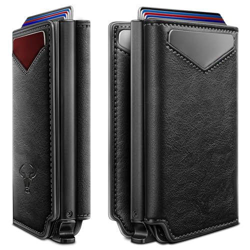 Image of VOGARD RFID Blocking Pop-Up Wallet for Men | Slim Leather Bifold Wallet with Metal Card Holder, Magnetic Flip, ID Window & Cash Pocket | Holds 10 Cards Black