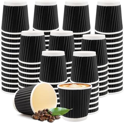 200Pcs 4oz Paper Espresso Cups Disposable Ripple Wall Hot Cups Black Paper Coffee Cup Hot/Cold Drinking Cup for Home,Office,Party,Picnic,Travel and Events