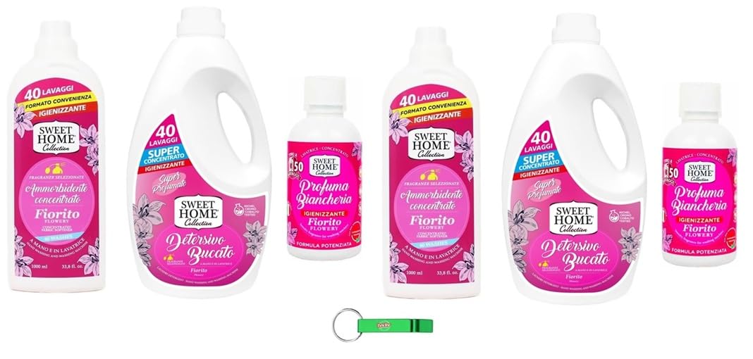 Sweet Home Fiorito Kit Test - Ammorbidente concentrato + Detersivo + Profumo / 6 Articoli della stessa fragranza + Beni Culinari Portachiavi Gratis