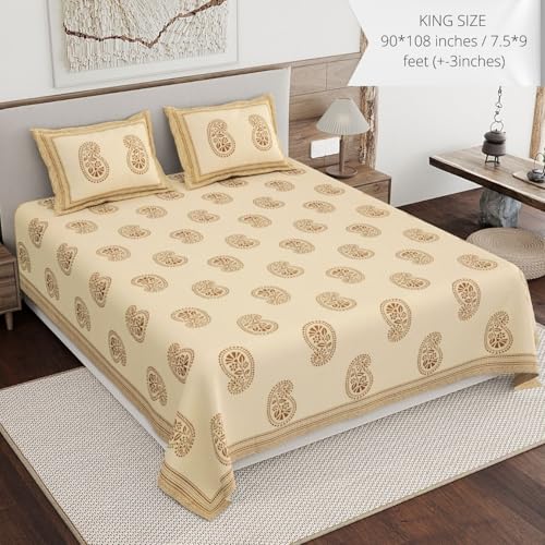 Image of Living Roots Ethnic Jaipur Block Print Double Cotton Bedsheet & 2 Pillow Covers, for Mattress Upto 6 inches Thick, No Colour Bleeding, Coffee Colour, King Size 90 * 108 inches, 120TC (602-C)