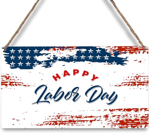 Happy Labor Day Wooden Hanging Sign American Flag Wooden Plaque Sign for Men Women Home Office Wall Art Window Decor 12x6 Inch