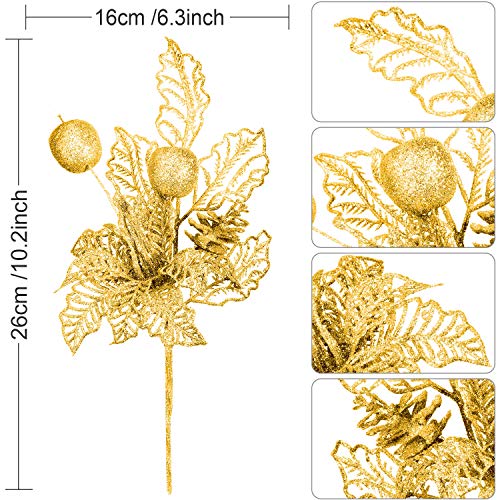 Youngjoy 6 Pieces Chinese New Year Glitter Flower Picks Gold Vase Bottle Filler With Artificial Poinsettia Flowers Frozen Pine Leaves And Berries For Spring Festival Winter Home Vase Decor(Gold) #TOP3