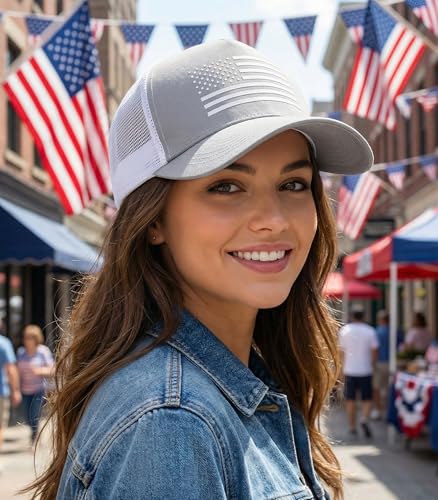 Image of American Flag Trucker Hat,USA Hat for Men Women Snapback Baseball Cap Adjustable Breathable Mesh Side Durable Hats