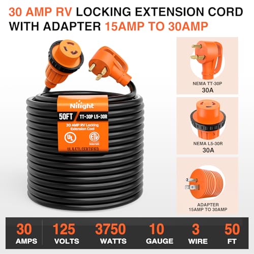 Image of Nilight 30 Amp 50FT RV Locking Extension Cord with Adapter 15Amp to 30Amp 125V Heavy Duty 10 Gauge Pure Copper STW Wire ETL Listed 3 Prong TT-30P L5-30R 30F /30M Weatherproof Suit for Camper Trailer