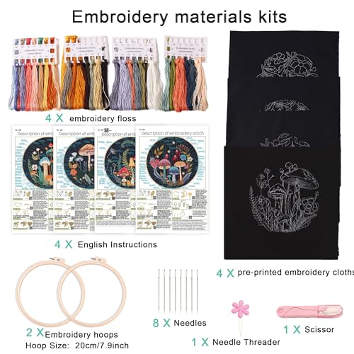 Image of Harimau Adult Beginner Embroidery Starter Kit, Complete Set with 4 Patterns, 2 Hoops, Needles, Scissors, Instruction Guide & Stitching Video Tutorials
