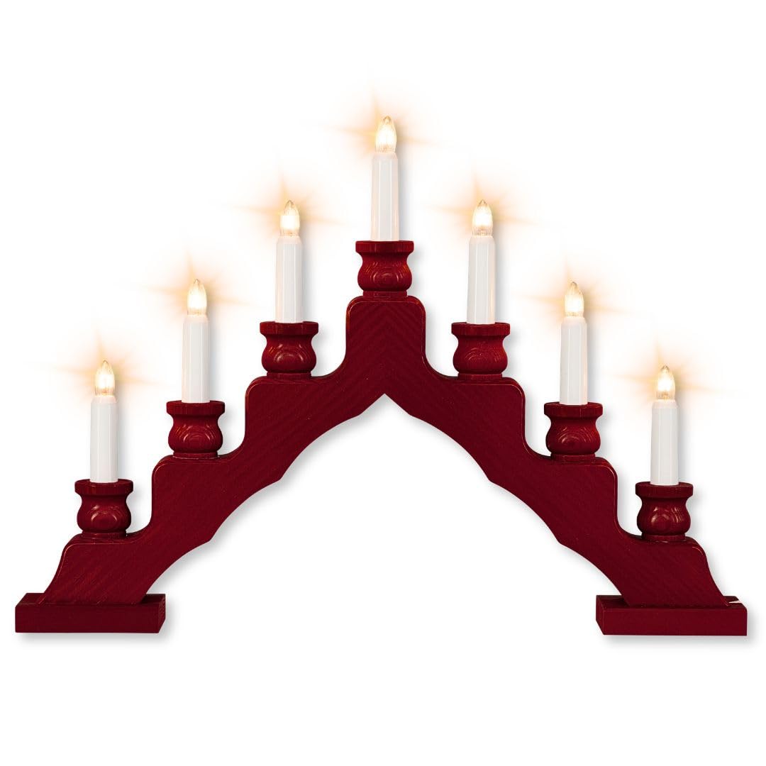 weigla - Schwedenleuchter original Erzgebirge I Trendiger Schwede BORDEAUX I Schwibbogen Weihnachten I 7 Lampenkerzen + 1 Ersatzlampe I 7 x 34 V, 3 W, E10 I Weihnachtsdeko innen I Kiefernholz