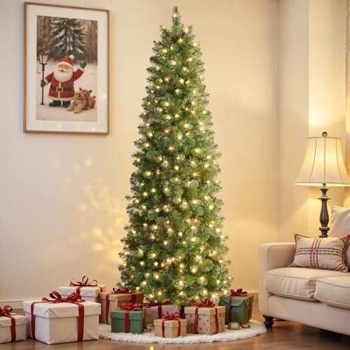 SHareconn Albero di Natale Slim 180 cm, Albero Natale Slim con 545 Rami e Punte, 200 Bianco Caldo e Supporto in Metallo Pieghevole, Decorazioni Natalizie per la Casa, Verde