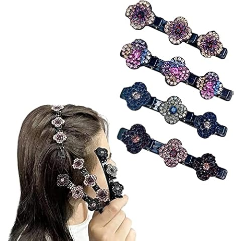 KITSHI Sparkling Crystal Stone Braided Hair Clips, Rhinestone Hair Clips, Clover Rhinestone Hair Clip, Satin Fabric Hair Bands, Non-slip Barrettes (4PCS) Cover