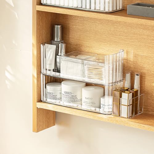 Makeup Organizer, Stackable Medicine Cabinet Shelves Organizer, Makeup Storage Holder Compartments, Transparent Shelf Trays for Bathroom Cabinet Wall, Counter, Vanity, Kitchen (Transparent White-A)