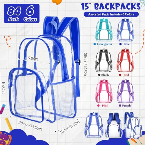 Image of Amylove 84 Pcs Clear Backpack bulk for Stadium Events Heavy Duty PVC Transparent Bookbag for College Workplace Security (15 Inches,6 Colors)