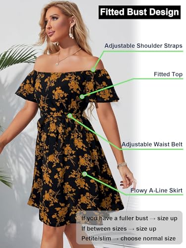 Image of Off Shoulder Ruffle Dress for Women, A-Line Mini Dress with Belt, Fitted Bust Summer Wedding Guest Dress
