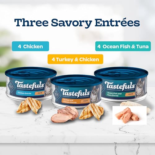 Blue Buffalo Tastefuls Wet Cat Food Paté Variety Pack Chicken Turkey & Chicken Ocean Fish & Tuna, 5.5 oz. Cans (12 Count)