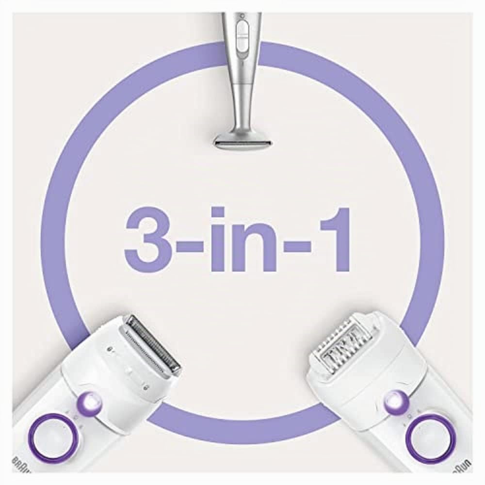 Braun Silk-épil 5-825 Power, elektrischer Epilierer für Damen, sanfte Haarentfernung, ununterbrochene Energie mit Kabel, Raserkopf und Trimmkappe, Bikinizone, Weiß/Violett