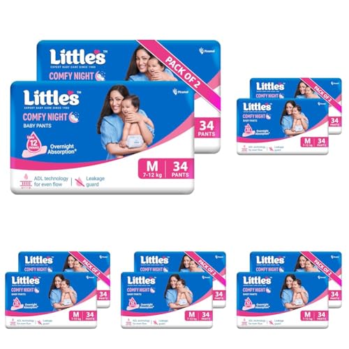 Image of Little's Baby Diapers M Size (Medium) Pants Style | 7-12 kg | 68 Count | Comfy Nights Baby Diaper Pants with Leakage Guard & Upto 12 Hours Absorption (34 Count, Pack of 10)