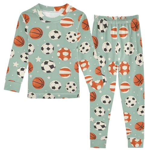 Sports Balls Pattern Cute Pajama Sets Long Sleeve Top and Pants, Snug Fit Sleepwear for Night Wears