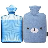 Samply Transparent Hot Water Bottle- 2 Liter Water Bag with Cute Fleece Cover, Bear Blue
