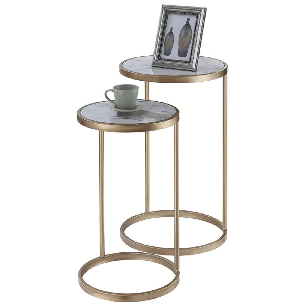 Lot de 2 tables basses rondes en marbre blanc et métal noir pour un salon moderne