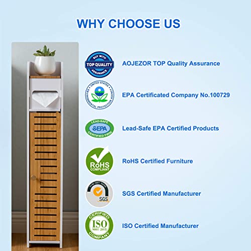 Aojezor Toilet Paper Holder Stand, Small Bathroom Storage Cabinet (31.5''H(Small Size), White/Bamboo) #TOP3