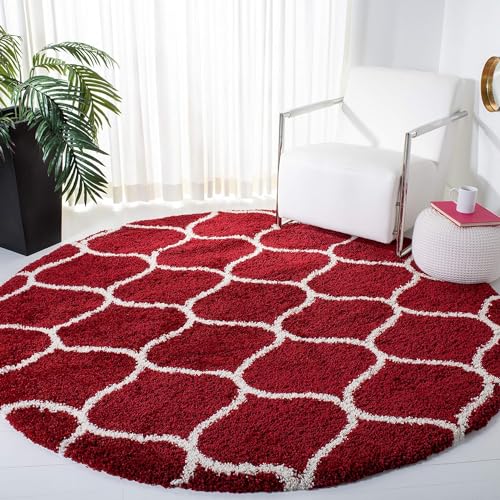 Image of Modern Shaggy Round Rug | Ultra-Soft Plush Circle Carpet for Living Room, Bedroom, Nursery | Fuzzy, Fluffy Area Rug with Non-Slip Base (Red M, 3x3 feet, Round)