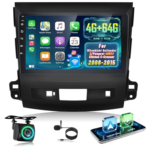 4G+64G Android Autoradio pour Mitsubishi Outlander 2/Peugeot 4007/Citroen C-Crosser 2008-2015 avec Carplay & Android Auto sans Fil, Écran 9 Pouces avec GPS,...