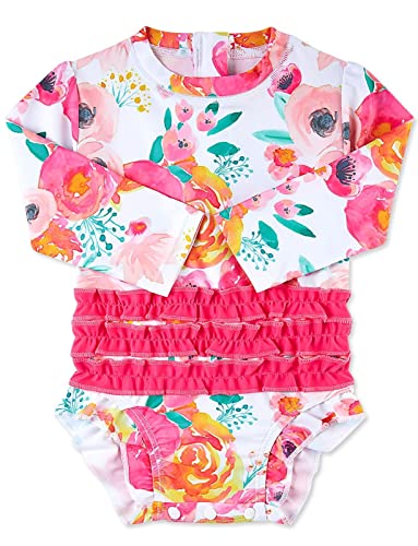 ADUKIDE Baby Girls Rash Guard Swimsuit Long Sleeve Ruffles Swimwear with Zipper UPF 50+ One Piece Beachwear Size 3-24 Months