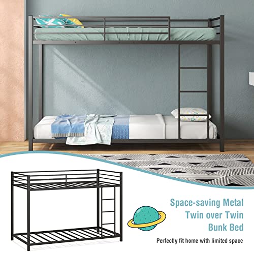 Komfott Metal Low Bunk Bed Twin Over Twin, Heavy Duty Bunk Bed Frame With Ladder & Full-Length Guardrails, Metal Slatted Floor Bed Frame For Teens & Adults, No Box Spring Needed (Black) #TOP7