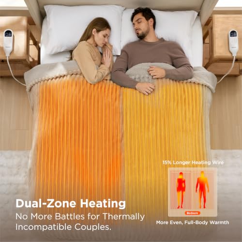 Image of Bedsure Electric Blanket Queen Size - Thick Striped Flannel Electric Blanket with Dual Control, Heating with 6 Heat Settings & 6 Time Settings, 8 hrs Timer Auto Shut Off (84x90 inches, Linen)