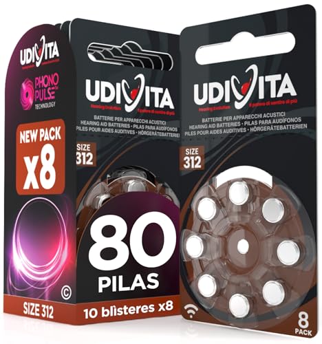 80 Pilas para Audífonos Tamaño 312 Udivita PR41 (Marrón) Zinc Aire Hearing Evolution Tecnología Phono Pulse   10 Blísteres de 8 Pilas
