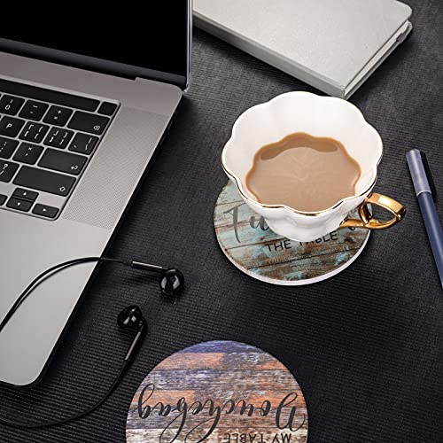 Funny Coasters For Drinks With Holder, Absorbent Ceramic Coaster Set Of 8 With Cork Base, Bar Coaster With 8 Sayings, Rustic Style Wooden Drinks Coasters For Tabletop Protection Housewarming, 4 Inches #TOP4