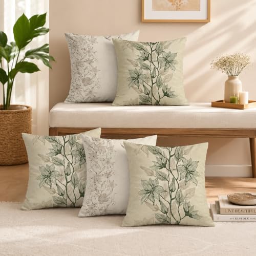 Floral Botanical Polycotton Cushion Covers, Green and Beige, Square Throw