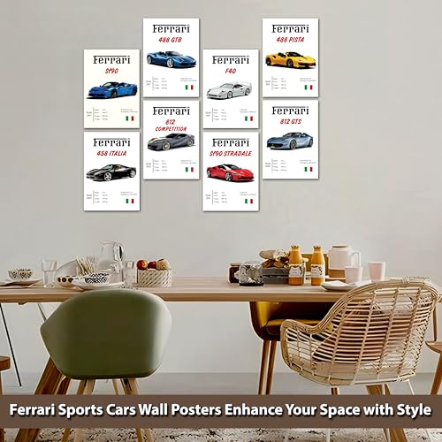 Image of Flybuy Hub Wall Art Posters, 20x30 cm (A4), Self-Adhesive, F-1 Racing Design for Bedroom, Living Room, Office (Ferrari Pack of 8)