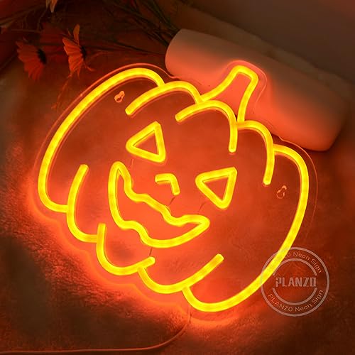 Image of Planzo Pumpkin Neon Sign Halloween Night Lights Wall Decoration Fall Harvest Lamp for Bar Kid Game Room Man Cave Bedroom Living Room Kitchen Spooky Halloween Christmas Gift Orange 5V USB Indoors
