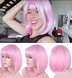 Annivia Light Pink Short Bob Wig with Bangs for Women 12'' Heat Resistant Synthetic Straight Wigs with Bangs Halloween Cosplay Party Wig Natural As Real Hair (Light Pink)