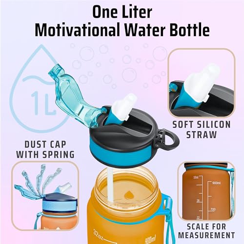 Repton 1L Sports Water Bottle with Motivational Time Marker, Blue & Orange, 1000 ml - Image 2
