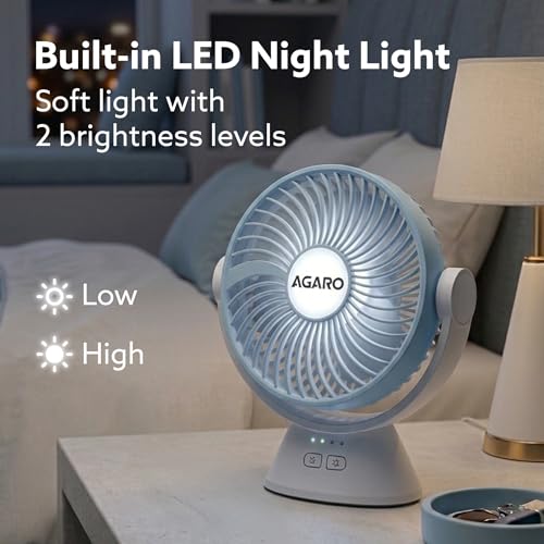 Image of AGARO Delight Rechargeable Mini Desk Fan, Portable, Type-C Charging, 3 Speed Modes, 360 Adjustable Tilt, LED Night Light, Up to 9 Hours Runtime, Quiet Table Fan, Home and Office