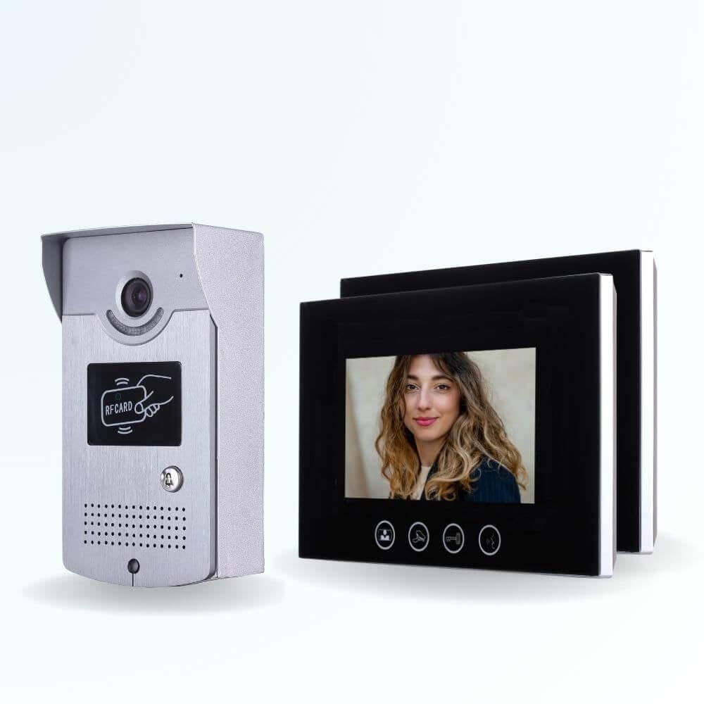 Portier interphone vidéo Cards 4 Fils - 2 écrans Noirs 7" - avec mémoire Photos - avec Lecteur de Badge