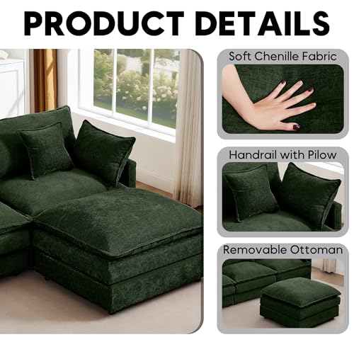 Image of 102 inch L Shaped Modular Sectional Sofa, Comfy Upholstery Chenille Cloud Couch with Ottoman, Modern 4-Seat Deep Seat Sofa with Pillow for Living Room, Bedroom, Apartment (Green)