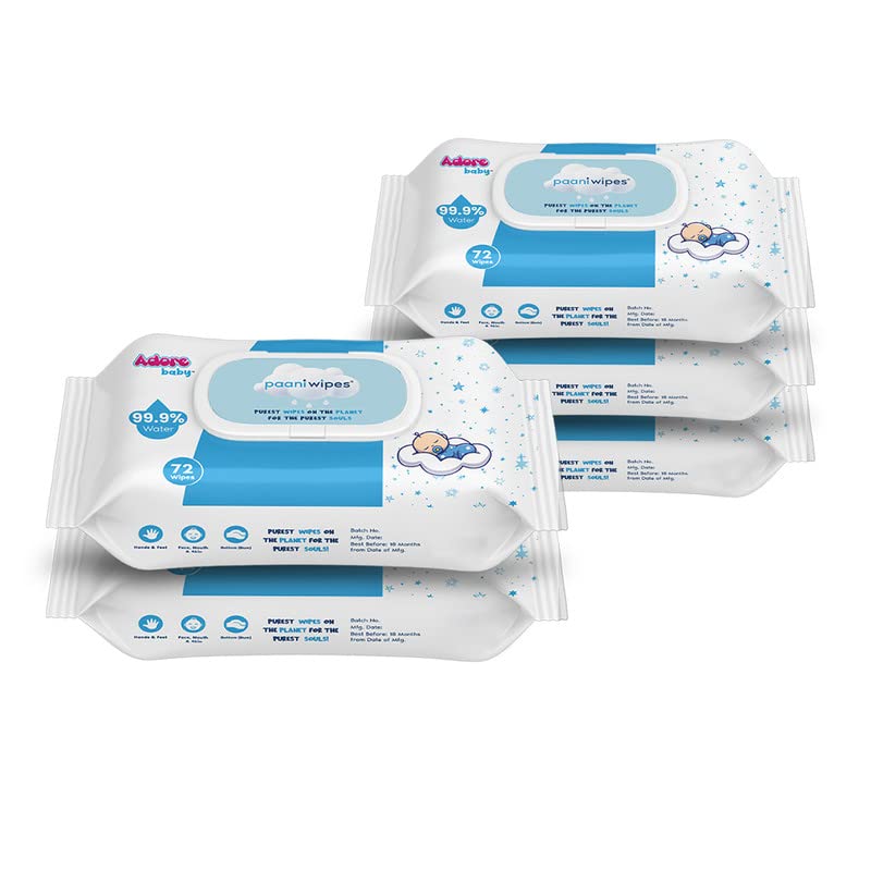 Adore Baby Water Wipes - 99.9% Paani Wipes for Baby, PH Balanced, Unscented & Skin Friendly With Sensitive Skin - 72 Cou