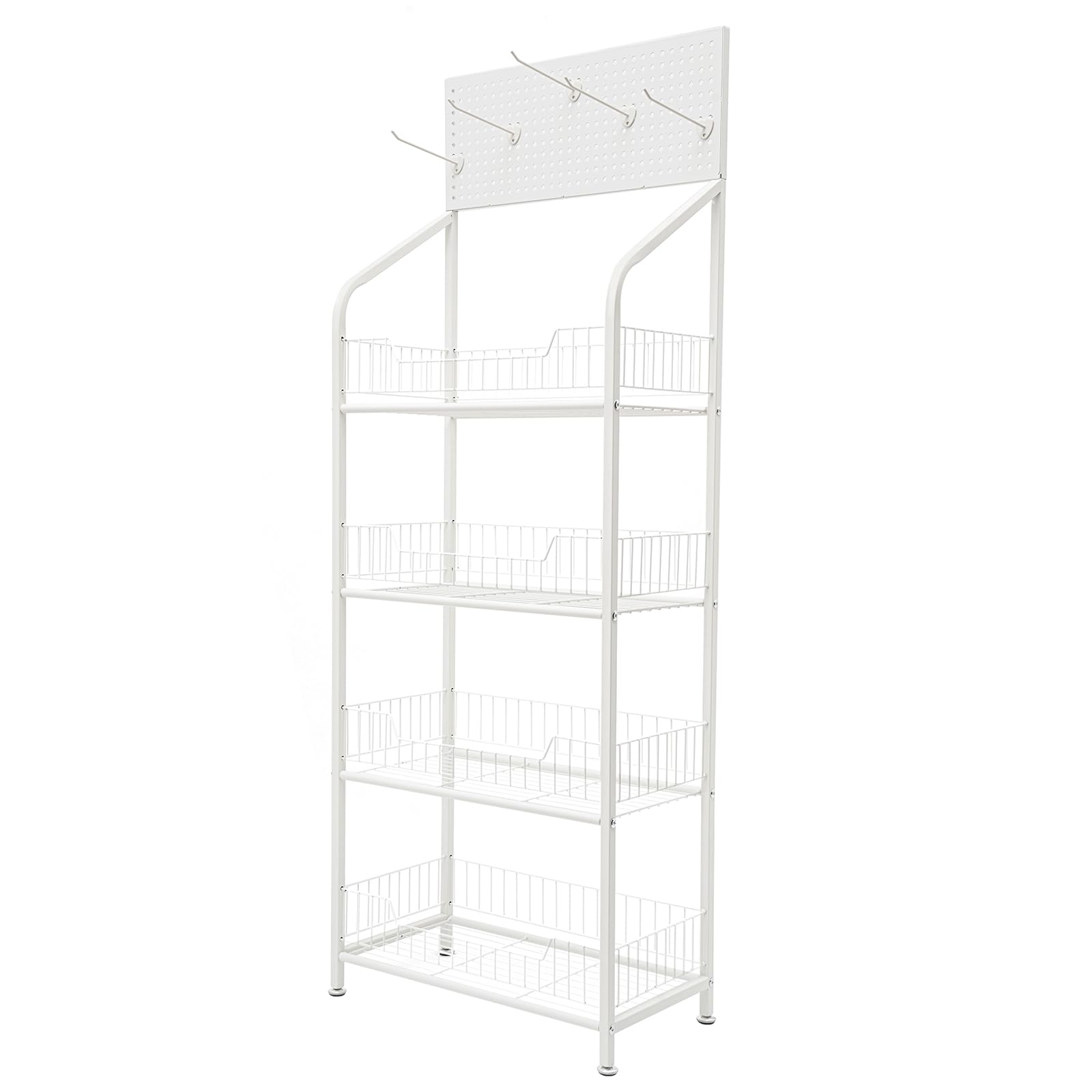 4 Tier Retail Snack Display Rack, Candy Display Shelf Cart with Wheels & 5 Hooks, Heavy Duty Metal Wire Storage Shelves, Snack Organizer Holder Stand for Convenience Stores Home Dining Room